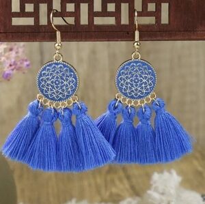 Blue / Gold Oil-drip tassel earrings